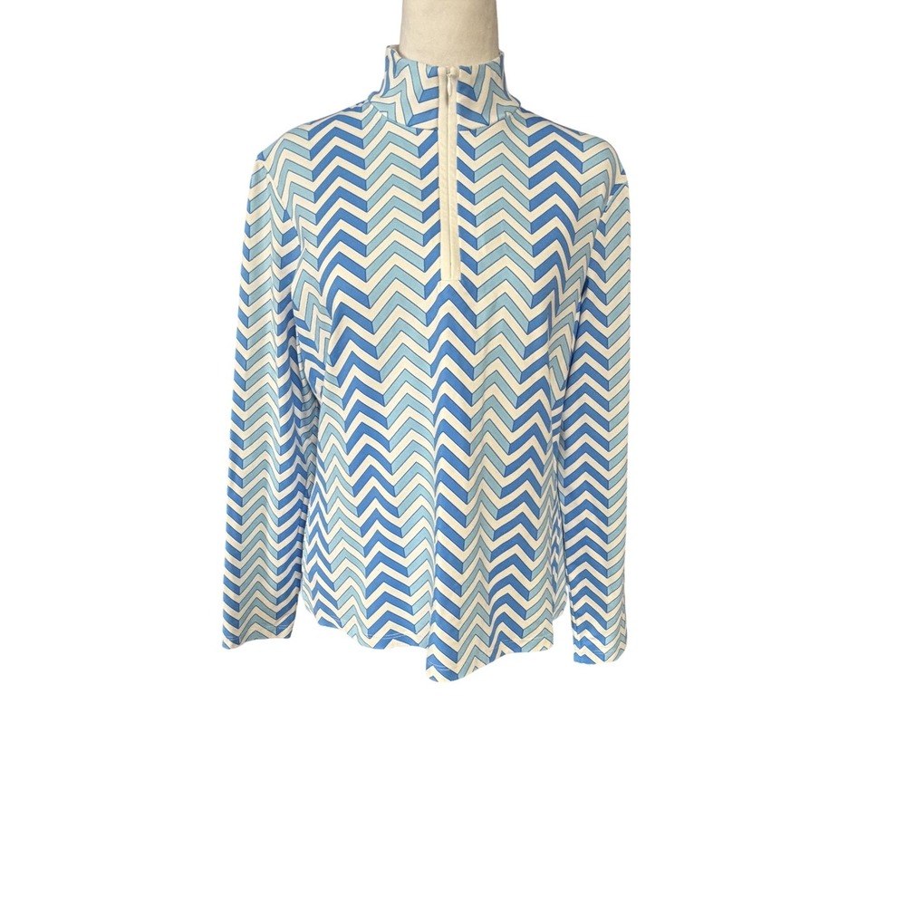 J McLaughlin Womens L Blue Geometric Mock Neck 1/2 Zip Jersey Long Sleeve Top